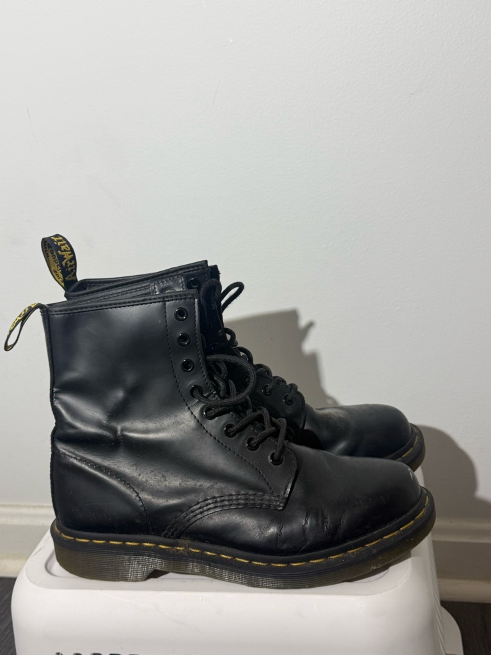 Dr. Martens Black Leather Lace-Up Ankle Boots with Yellow Stitching